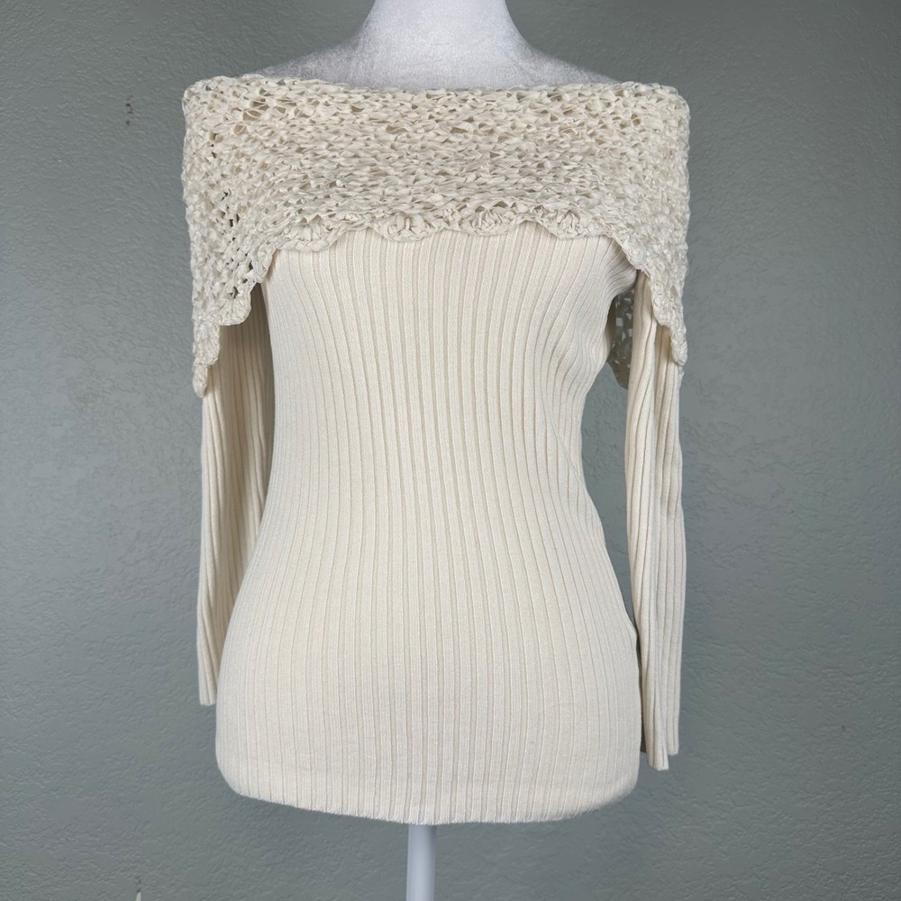 Cream Ribbed Sweater Women Size S Off Shoulder Crochet‎ Lace Trim Boho Coquette
